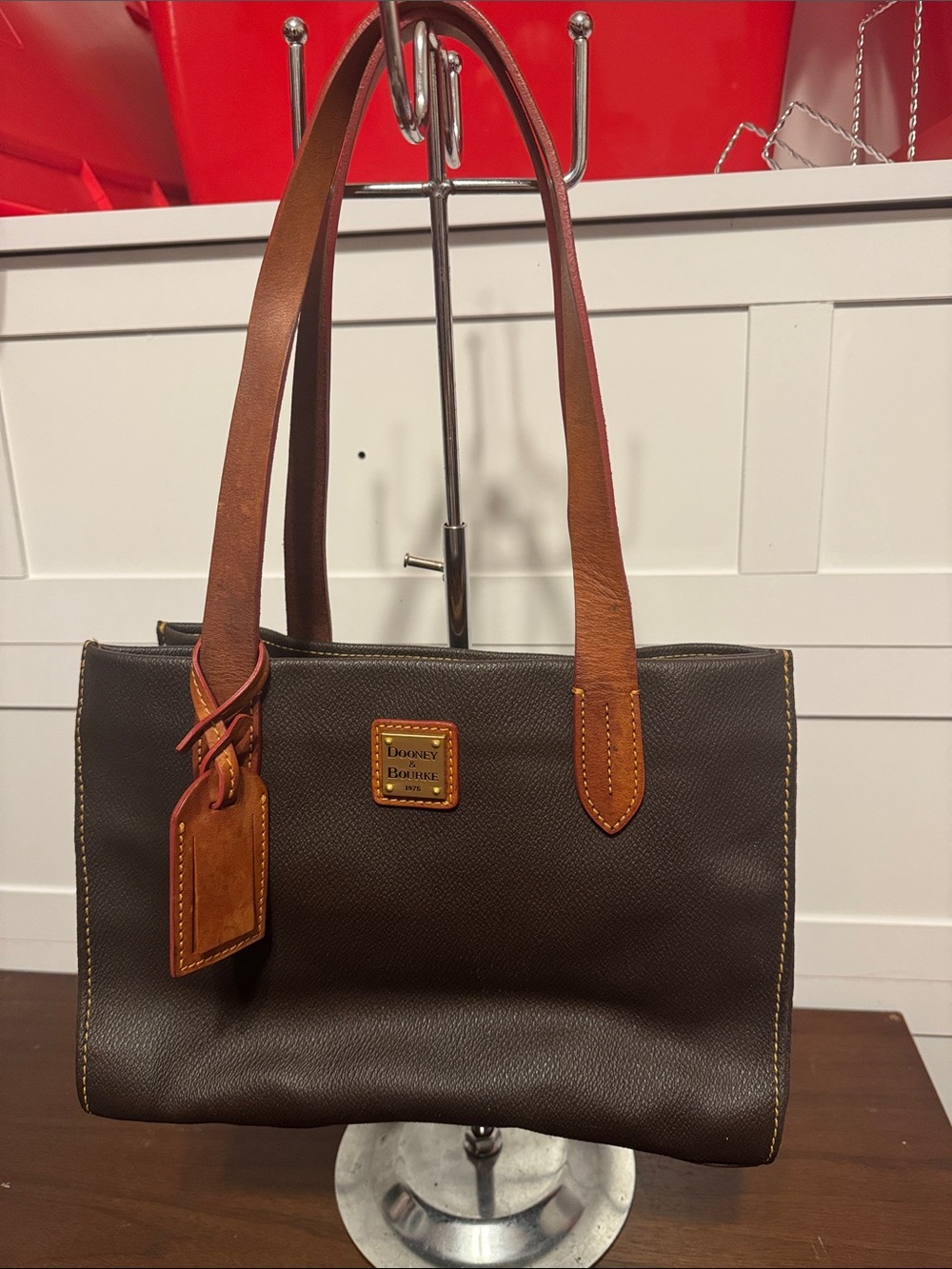 Dooney & Bourke Dark Brown Leather Tote with Tan Straps